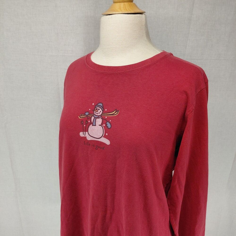 Life Is Good Snowman w/ Skis Red LS T-Shirt Sz XL - Picture 3 of 7